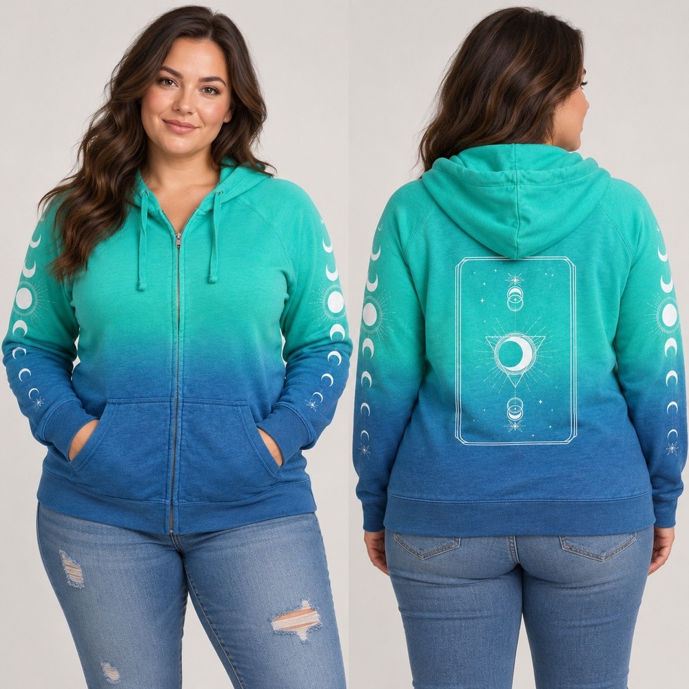 Torrid Womens Teal Blue Ombre Moon Phase Celestial Zip Up Hoodie Size 1 Plus